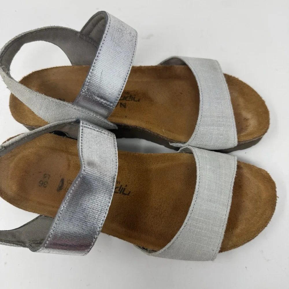 NAOT Platform Wedge Sandals Silver Metallic Strappy Slingback Womens 36 L5